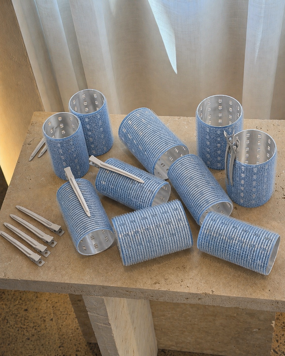 L/XL Thermal Hair Rollers - Sky (10 pack + Clips)
